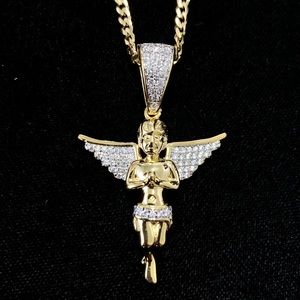 ANGEL PENDANT FULL DIAMONDS cz 18K GOLD CHAI…